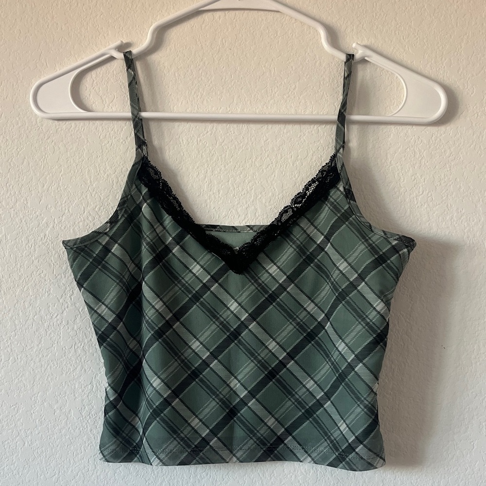 Hollister Green Plaid Cami with Black Lace